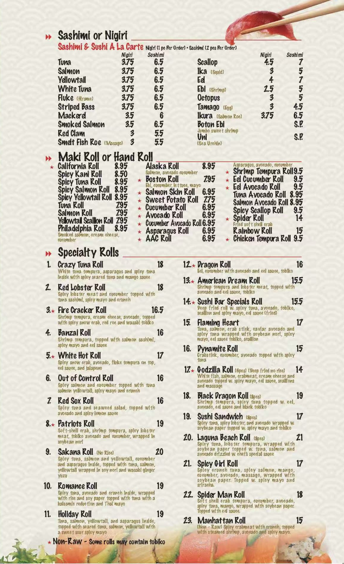 Menu sushi 2026